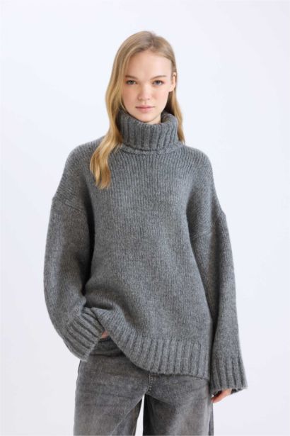 Oversize Geniş Kalıp Balıkçı Yaka Basic Düz Triko Kazak Tunik