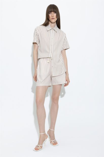 شورت كتان مخطط قطن وايد ليج بخصر عالي