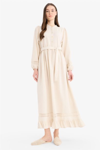 فستان محجبات طويل من مزيج الكتان قصة عادية بياخة عالية بحزام