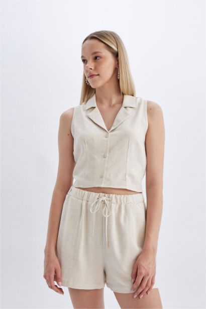 Fıtted Pijama Yaka Keten Karışımlı Kolsuz Gömlek