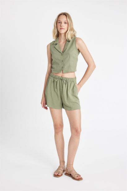 Fıtted Pijama Yaka Keten Karışımlı Kolsuz Gömlek