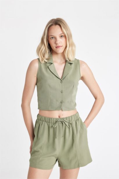 Fıtted Pijama Yaka Keten Karışımlı Kolsuz Gömlek