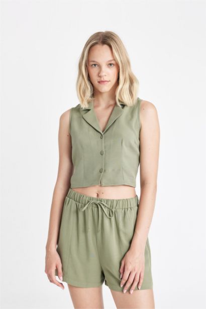 Fıtted Pijama Yaka Keten Karışımlı Kolsuz Gömlek