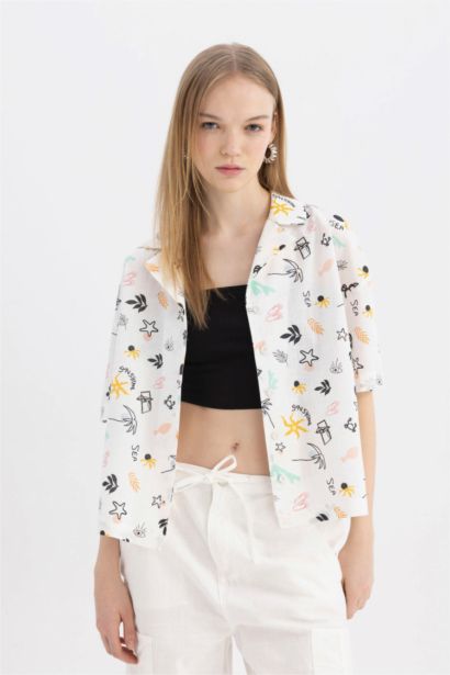 Oversize Pyjamas Collar Patterned Short Sleeve Cotton Shirt