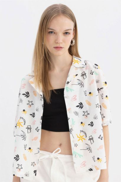 Oversize Fit Pajama Collar Patterned Short Sleeve Cotton Shirt