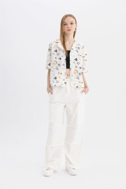 Oversize Fit Pajama Collar Patterned Short Sleeve Cotton Shirt