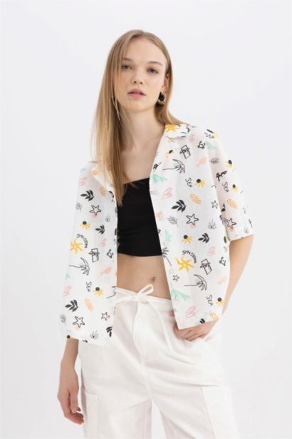 Oversize Fit Pajama Collar Patterned Short Sleeve Cotton Shirt