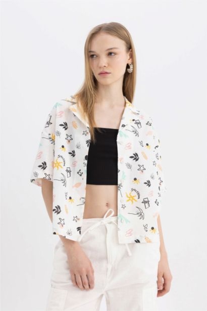 Oversize Fit Pajama Collar Patterned Short Sleeve Cotton Shirt