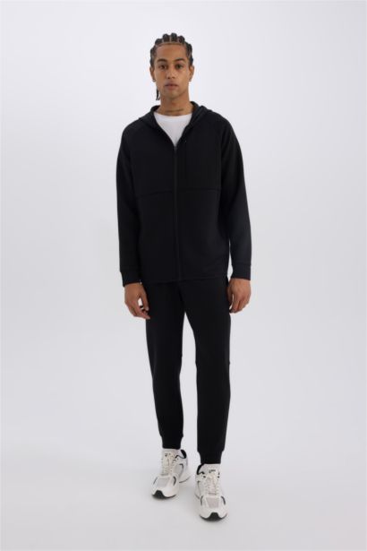 Slim Fit Dar Kesim Kapüşonlu Skuba Dalgıç Kumaş Fermuarlı Sporcu Sweatshirt