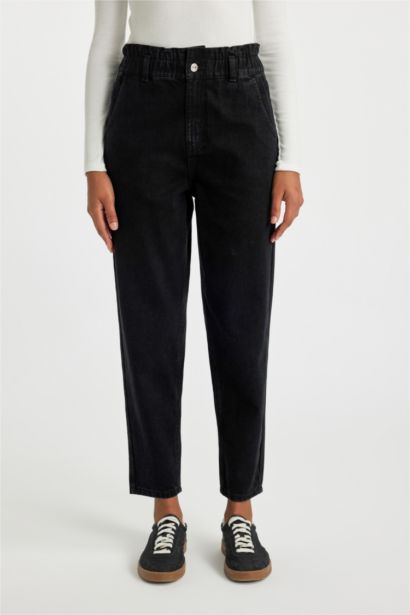 Paperbag Fit Elastic High Waist Straight Leg Jeans