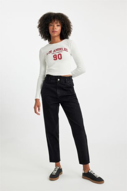 Paperbag Fit Elastic High Waist Straight Leg Jeans