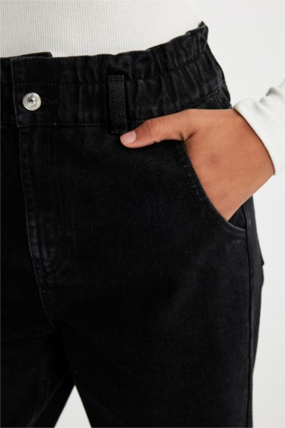 Paperbag Fit Elastic High Waist Straight Leg Jeans