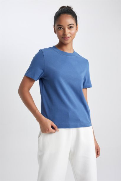 تي شيرت رياضي نص كم قصة عادية برقبة مستديرة