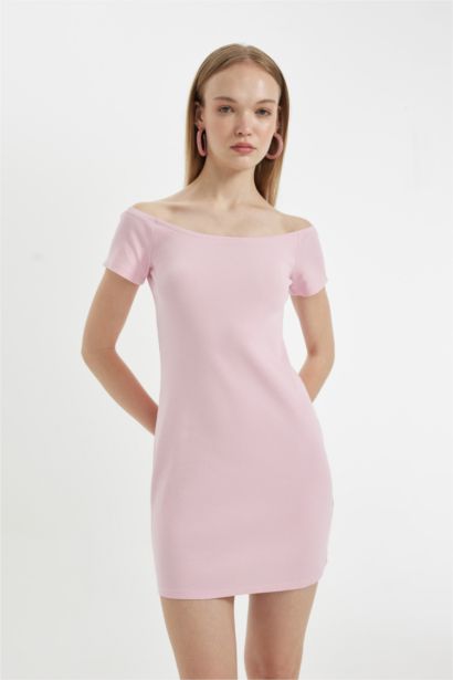 Coool Bodycon Vücuda Oturan Kayık Yaka Basic Düz Fitilli Kaşkorse Kısa Kollu Mini Elbise