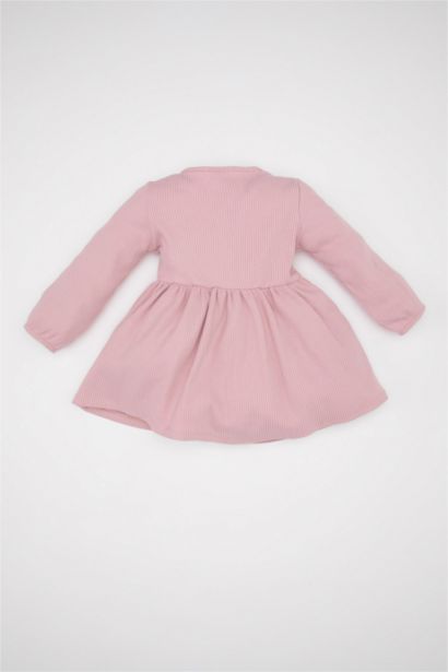 فستان بناتي مضلع قصة عادية كم طويل برقبة مستديرة