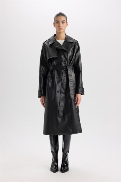 Su Geçirmez Suni Deri Trençkot  Kruvaze Yaka Düğmeli Kemerli Cepli