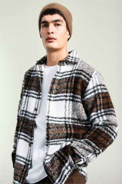 Regular Fit Polo Yaka Ekose Desenli Gömlek Ceket