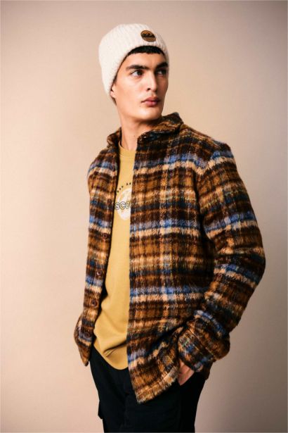 Polo Yaka Düğmeli Kareli Uzun Kollu Gömlek Ceket