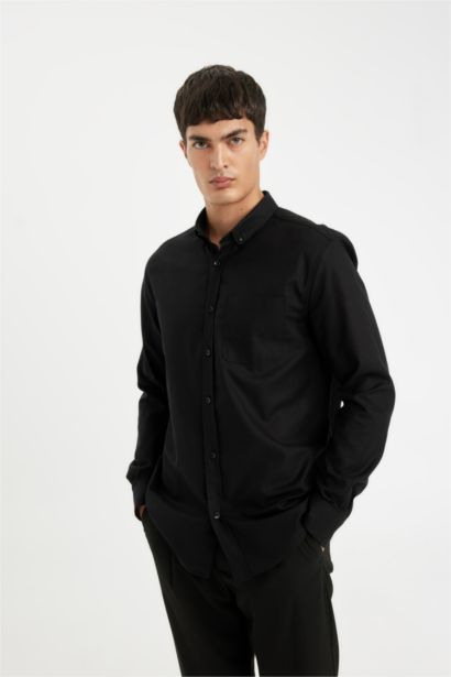 Regular Fit Polo Collar Oxford Long Sleeve Shirt