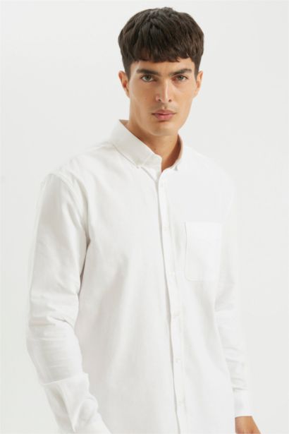 %100 Pamuk Regular Fit Polo Yaka Oxford Basic Düz Uzun Kollu Beyaz Gömlek