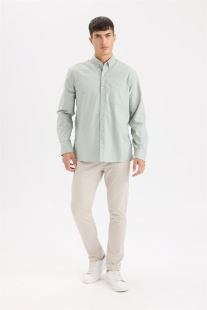 قميص قطن بولو بيزك سادة كم طويل أوكسفورد قصة عادية