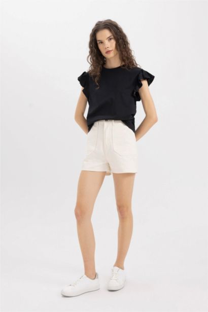 Gabardine High Waist Double Hem Shorts
