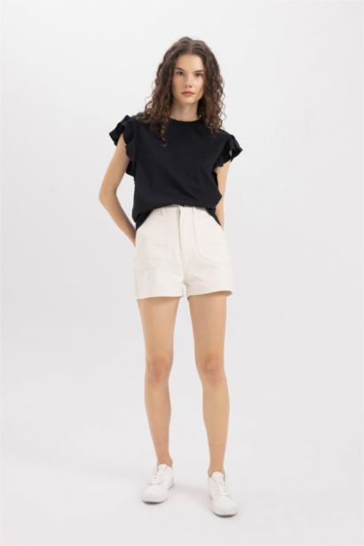 Gabardine High Waist Double Hem Shorts