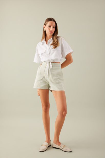 Gabardine High Waist Double Hem Shorts