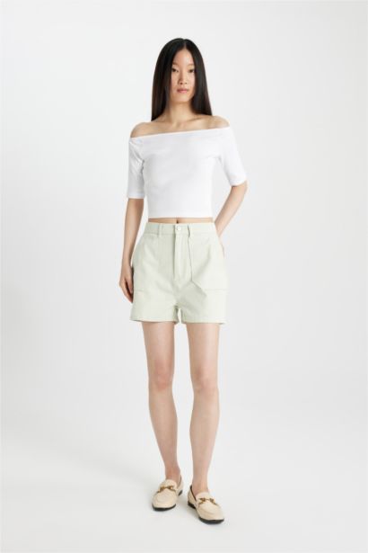 Gabardine High Waist Double Hem Shorts