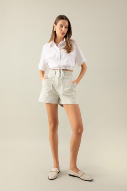Gabardine High Waist Double Hem Shorts