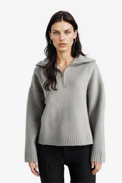 Oversize Fit Half Zip Collar Knit Pullover