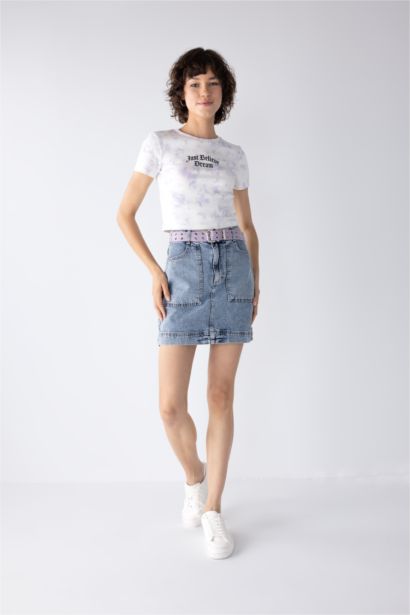 Slim Fit Slogan Pattern Ribana Short Sleeve T-Shirt