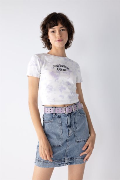 Slim Fit Slogan Pattern Ribana Short Sleeve T-Shirt