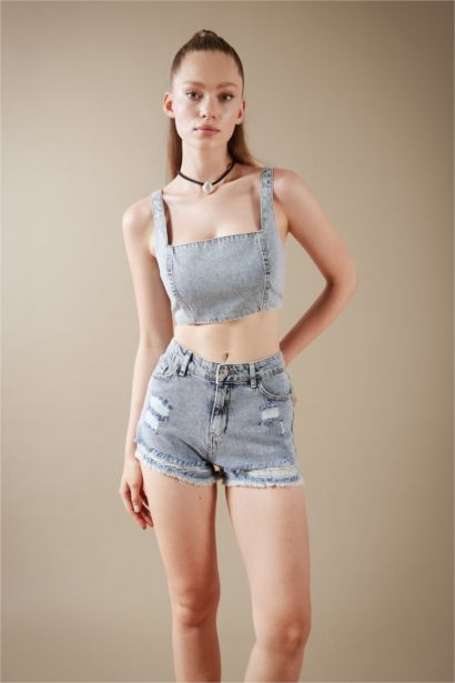 Crop Kare Yaka %100 Pamuk Jean Bluz