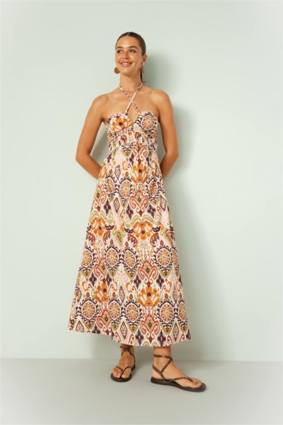 فستان ميدي بنمط عرقي بدون بأكمام بدون حمالات