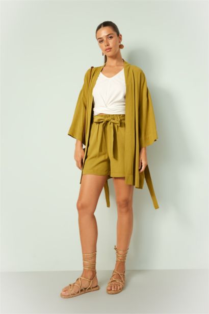 شورت كتان وايد ليج بخصر عالي