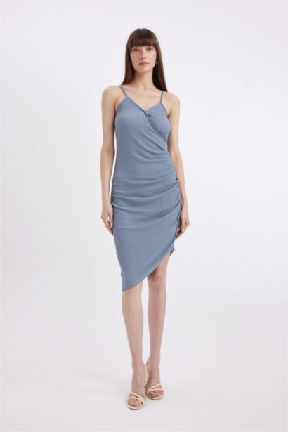 Bodycon Vücudu Saran V Yaka Drapeli Bürümcük Askılı Midi Abiye Elbise