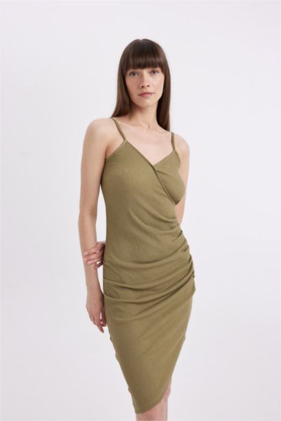 Bodycon  Vücudu Saran  V Yaka Drapeli Bürümcük Askılı Midi Abiye Elbise