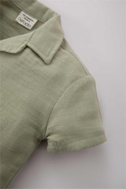 قميص نص كم موسلين قصة عادية برقبة قميص