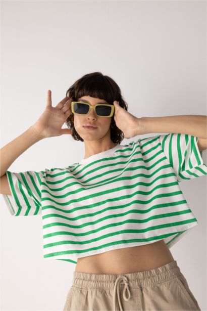 Striped Short Sleeve Crop Cotton T-Shirt