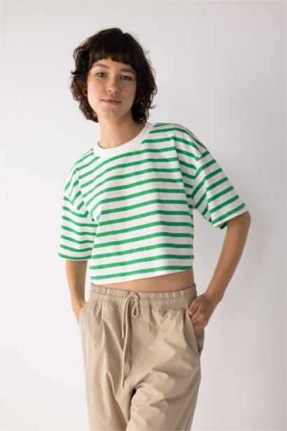 Striped Short Sleeve Crop Cotton T-Shirt