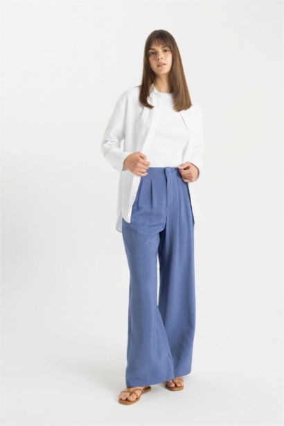 Wide Leg Çift Pileli Basıc Dokuma Palazzo Pantolon
