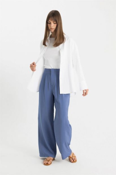 Wide Leg Çift Pileli Basıc Dokuma Palazzo Pantolon