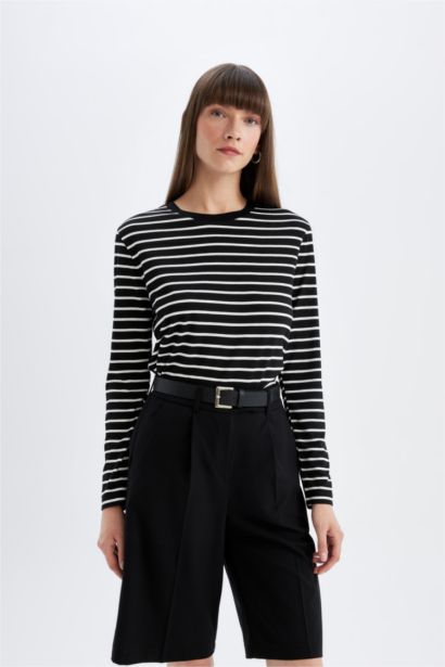 T-Shirt À Manches Longues En Tricot Coupe Régulière Rayé Col Ras Du Cou