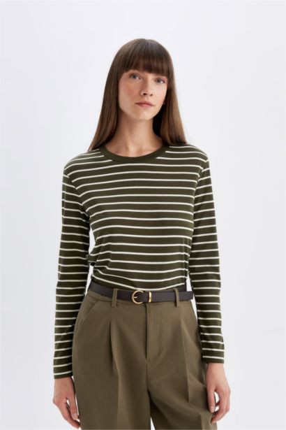 T-Shirt À Manches Longues En Tricot Coupe Régulière Rayé Col Ras Du Cou