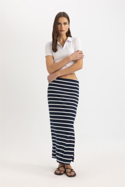 Pencil Skirt Striped Camisole Normal Waist Maxi Knitted Skirt