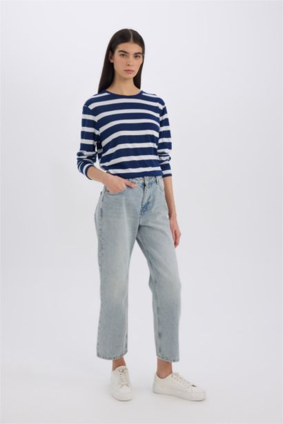 Regular Fit Bisiklet Yaka Çizgili Casual Uzun Kollu Tişört