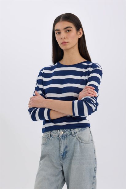 Regular Fit Bisiklet Yaka Çizgili Casual Uzun Kollu Tişört