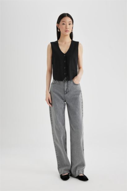 V Yaka Keten Karışımlı Yelek