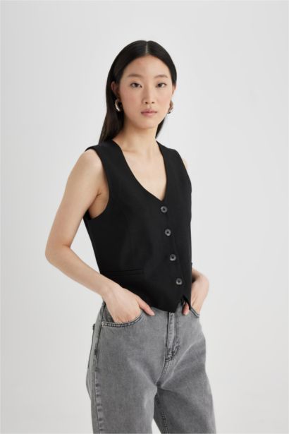 V Yaka Keten Karışımlı Yelek